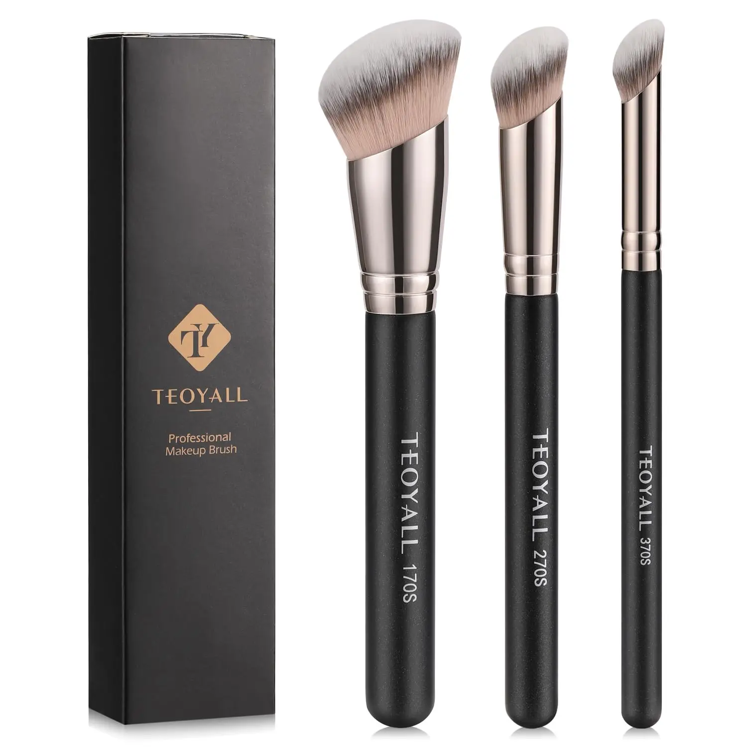 TEOYALL Foundation Contour Conceal Brush Set, 3PCS Angled Synthetic Kabuki Brush for Blending Setting Buffing with Liquid, Cream and Powder Cosmetic (170S/270S/370S) TEOYALL