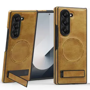 Magnetic Cover Stand Phone Case, PU Leather Phone Protective Cover, Phone Accessories Compatible with Samsung Galaxy Z Fold 7 6 5 4 3, Casing, Shockproof Phone Cover, Magsafe Magnetic Shell
