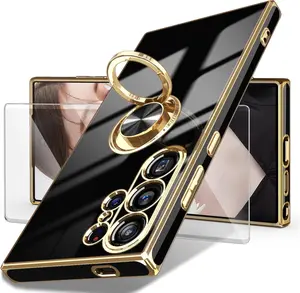 Phone Case for Samsung Galaxy S24 Ultra 5G Case, Screen Protector, 360° Rotatable Ring Holder Magnetic Kickstand,Plated Gold Edge Slim Soft TPU Protective Phone Cover for Galaxy S24 Ultra (Black)