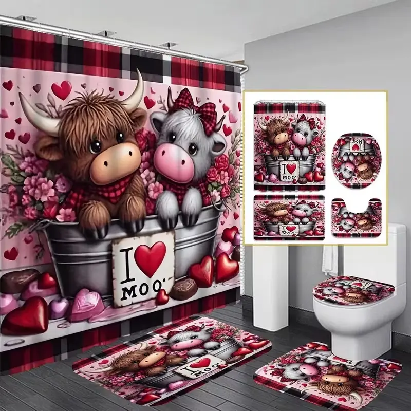 1/4pcs Valentine's Day Highland Bull Pattern Shower Curtain Set, including shower curtain, toilet seat cover, rectangular mat, U-shaped mat, comes with 12 shower curtain hooks, Waterproof, Decorative Shower Curtain