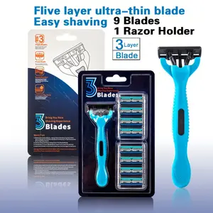 3 Layers of Blades Razors, Ergonomic Handle Manual Shaving Razors with Safe and 9 Replaceable Heads, Men's Beard Shaver Tool for Men Daily Foil Shaving