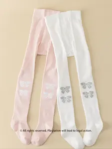 2pcs Baby Girls' Solid Color Pantyhose Leggings Cute Bear&Bow Stretchy Blend, Perfect for All Seasons, Bottoming, Daily Wear, Tights Stretch Set