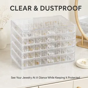 5-Drawer Transparent Plastic Storage Jewelry Organizer, 120-Grid Stackable Container for Earrings, Rings, Necklaces & Small Accessories, Countertop & Desktop Organizer Bins for Vanity Desks Countertop Storage Container