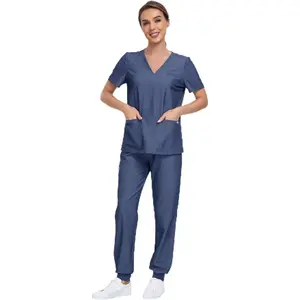 NINSAM Urban Classic Scrubs for Women Set, Modern V-Neck Top &amp; Jogger Pants, 9 Pockets Medical Uniform