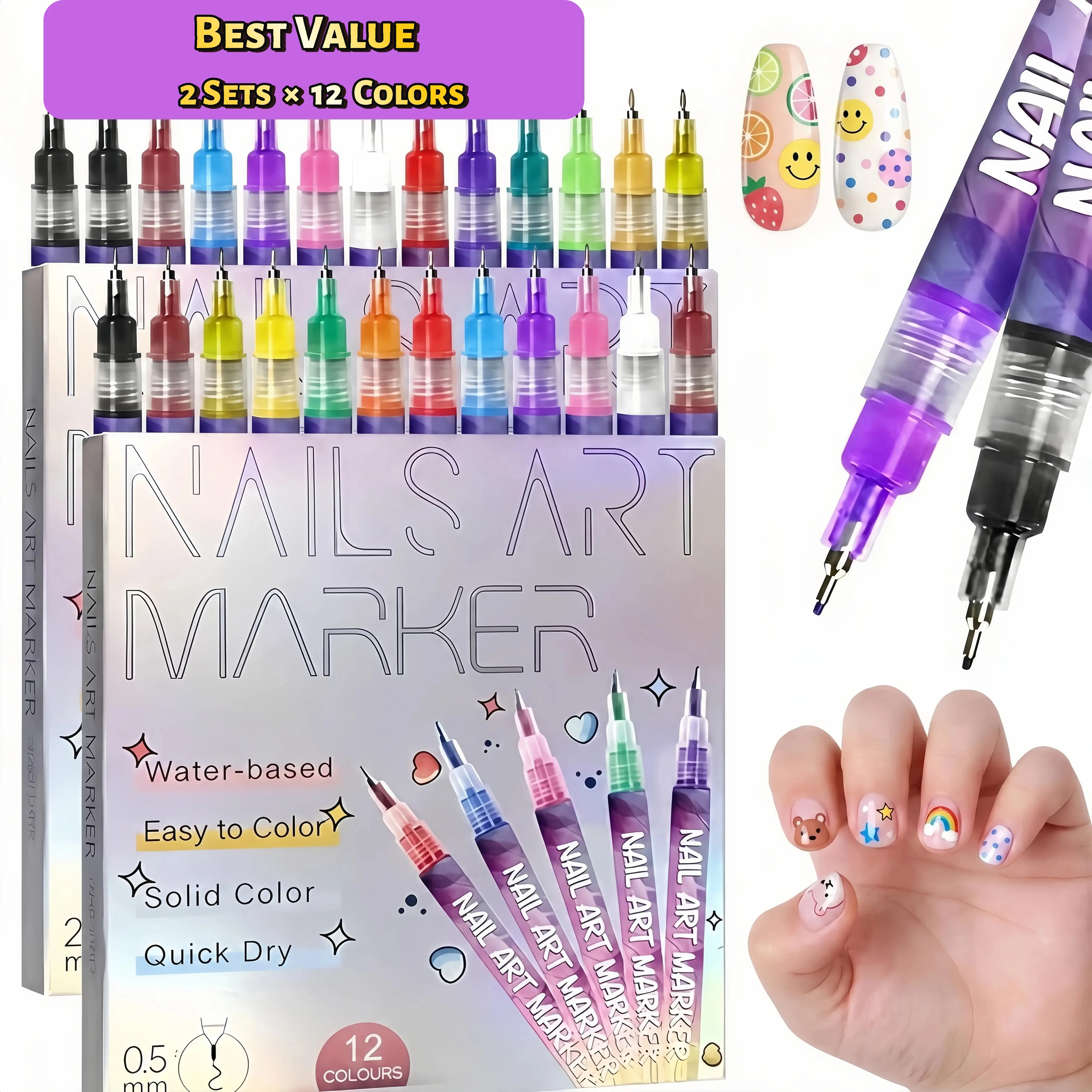 0.5mm Fine Tip Water-Based Quick Dry 3D Nail Art Pens Value Pack - 2-Set & 3-Set Options, for Beginners & DIY Nail Design (Beauty & Personal Care Manicure Tool)