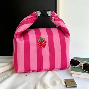 Cute Strawberry Striped Insulated Lunch Bag, Waterproof Tote Bag, Food & Beverage Insulated Bags, Stylish and Functional Design