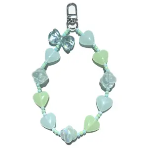 Milky Blue Jelly Beaded Phone Charm - Heart & Clouds Beaded Wrist Strap Purse Charm