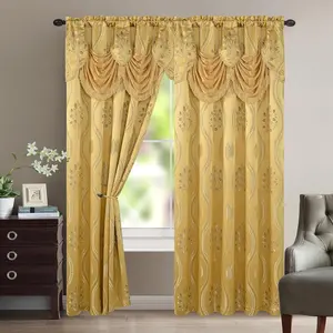 Elegant Comfort Aurora Jacquard Look Curtain Panel Set with Attached Valance 54" X 84 Inch (Set of 2), Gold ElegantComfort