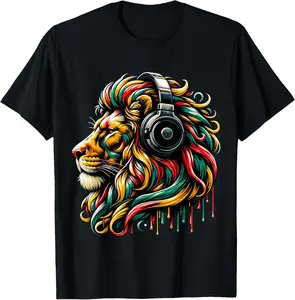 100% cotton Unisex Rasta Reggae Music Headphones Jamaican Lion Of Judah T-Shirt