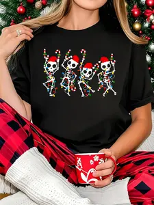 100% Cotton Women T-shirt  Women Christmas T-shirt Candy Cane Funny Christmas Skeleton Xmas Candy Cane Crew T-Shirt Print Round Neck Short Sleeve T-Shirt For Women Casual, Summer, Women Top Graphic Tees Women Tops
