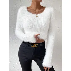 JOYSONS Women's Plush Cropped Sweater Fluffy Soft Long Sleeve Slim Fit Winter Knit Top Crew Neck Warm Fuzzy Pullover for Layering