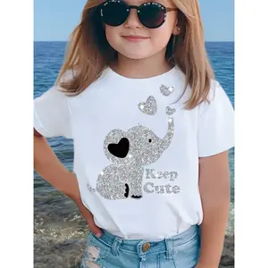Fashionable Sequined Pattern T-shirt for Girls, Cute Elephant Print T-shirt, Summer T-shirt for Toddlers.