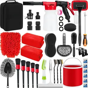 Car Wash Cleaning Kit with Foam Gun Sprayer Detailing Brushes Collapsible Bucket Windshield Cleaning Tool Tire Brush Towels Complete Interior Exterior Detailing Set for Car