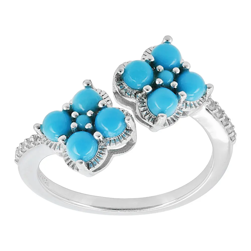 JTV Blue Sleeping Beauty Turquoise with White Zircon Rhodium Over Sterling Silver Ring 0.10ctw