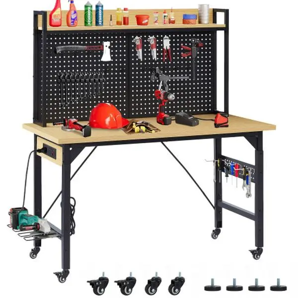 48" Heavy Duty Adjustable Workbench with Large Pegboard, Adjustable Work Table with Power Outlets & Lockable Wheels, Rubber Wood Workstation for Garage, Workshop, Office, Home, Commercial
