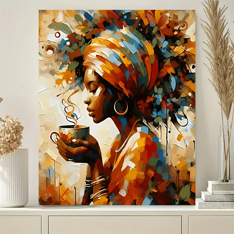 African Black Girl Drinking Coffee, Framed Abstract Canvas Art with Wooden Frame,Modern Art Decoration, Suitable for Home and Office, African Black Girl Framed Wall Art, Ready to Hang Canvas Decorative Painting