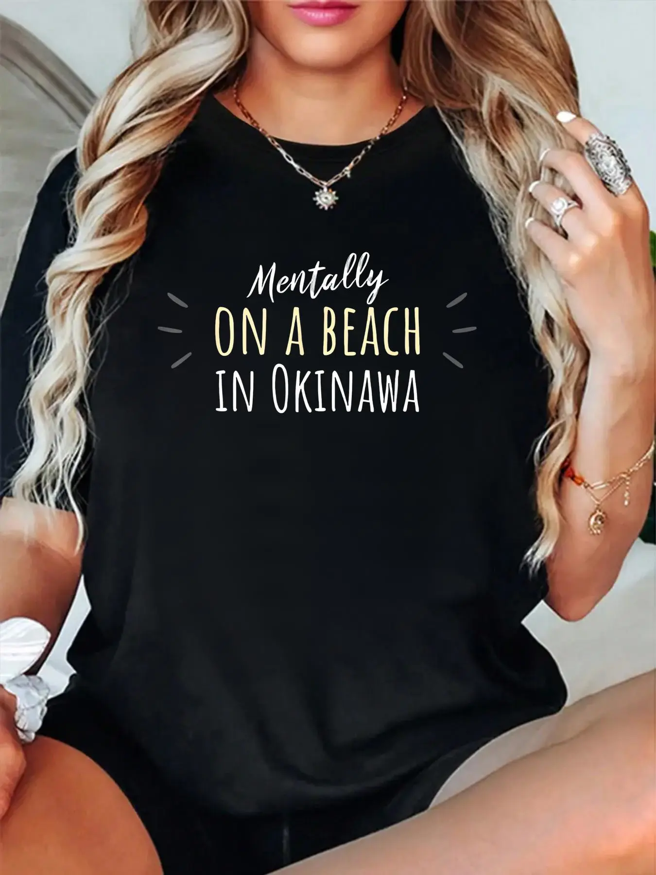 Mentally On A Beach In Okinawa - Japanese Souvenir T-Shirt women's graphic tees fall shirts Casual All-Season Sportswear,Round Neck, Short Sleeve, Machine Washable