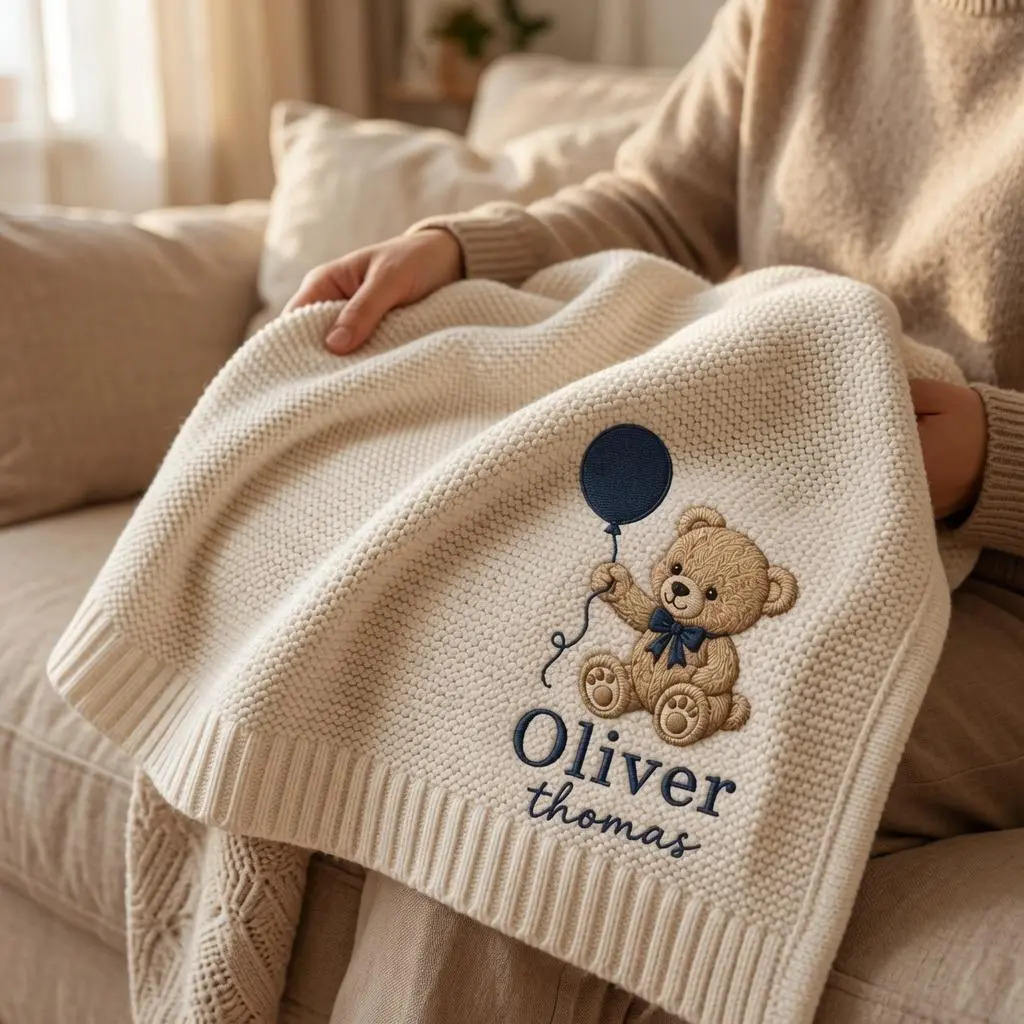[Made-to-Order] Personalized Teddy Bear Balloon Embroidered Knit Baby Blanket, Custom Name Newborn Blanket, Woodland Nursery Keepsake,  Baby Shower Gift