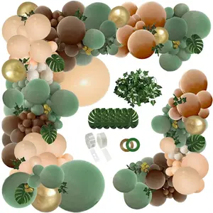 148pcs sage green brown balloon garland kit, jungle safari woodland forest wild one camper balloon arch, olive green gold coffee cocoa balloons for birthday wedding shower party decorations
