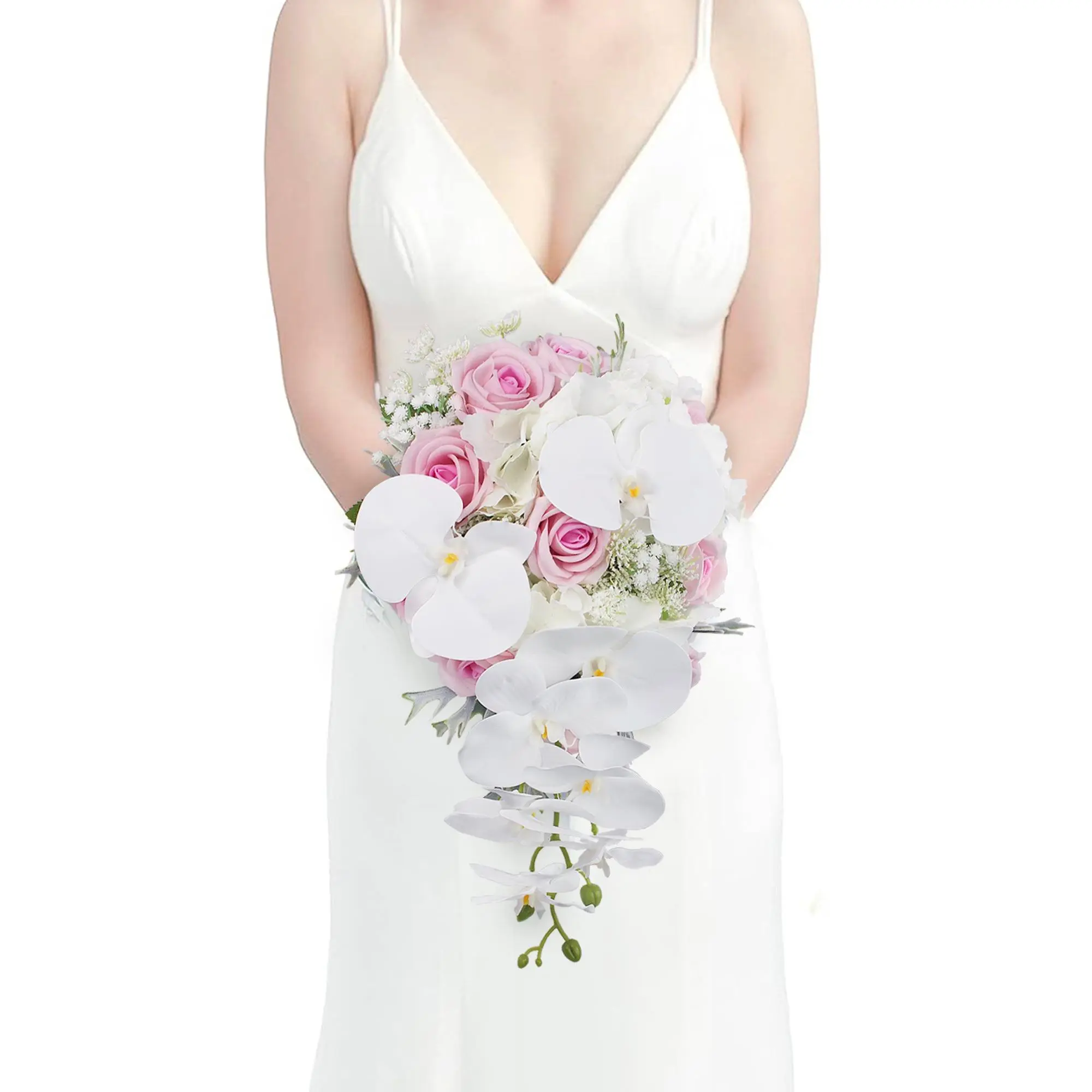 Rinlong 9-in W Lifelike Look Silk Faux Flower Cascading Bridal Bouquet, Pink & White Decorative Wedding Flower Centerpiece