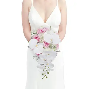 Rinlong 9 inch wide Pink & White Orchid Cascading Bridal Bouquet