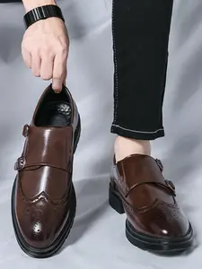 Men's Business Formal Brogue Embossed Design Dress Shoes, Fashionable Pointed Toe Slip on Shoes for Party, Office, Daily Clothing Decor for Men