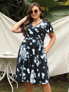 Women's V Neck Elastic Casual Summer Print Midi Plus Size Dress, Perfect for Bridesmaids, Vintage Style, Ideal for Weddings and Various Occasions