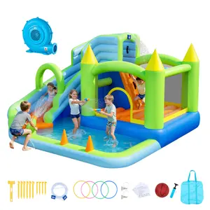 【DealsForYouDays】VEVOR Inflatable Bounce House, 11.3 x 12.3 x 7.0 ft Inflatable Bounce House Water Slide, Bouncer Castle with Castle Bounces, Basketball Hoop, Splash Pool & Water Ring Toss, for 3 to 4 Kids Ages 3 to 8
