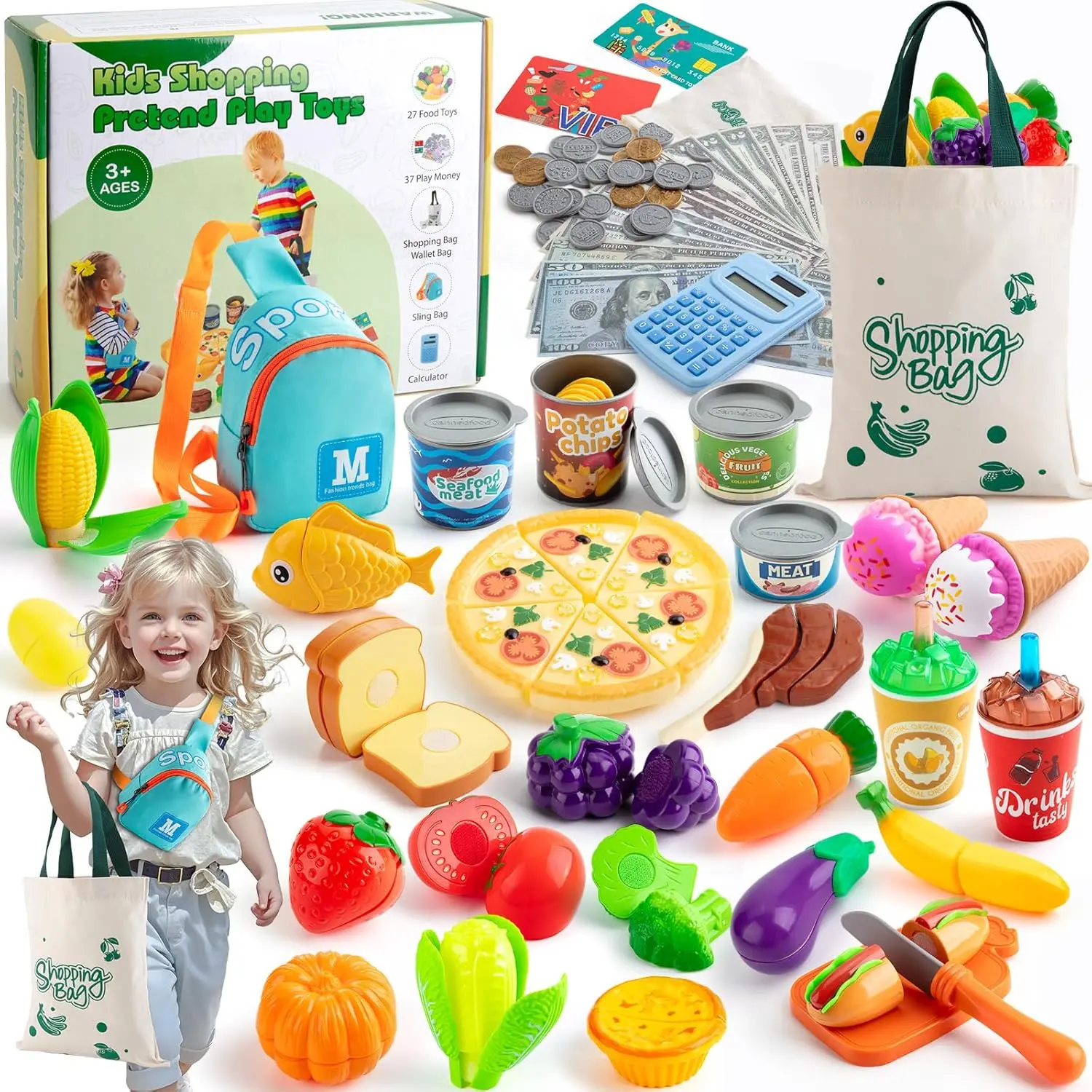 Kids Grocery Store Playset – Interactive Kitchen Pretend Toy with Shopping Bags, Calculator, Cutting Food, Play Money, Play Tools & Sling Bag | Toddler Gift for Age 3+