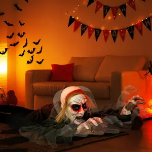 COSTWAY Halloween Animatronics, Sound & Button Activated, with Pre-Recorded Phrases, LED Glowing Red Eyes, Posable Head & Arms, Life Size Scary Decor, Ghost/Angel/Reaper/Witch/Greeter/Skeleton, Outdoor Yard Porch Decorations