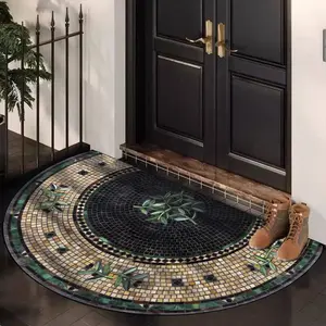 Half Round Welcome Rug, Boho Style Mosaic Tile Plant Mat, European Vintage Home Decor Door Mat, Durable Easy Care No Fuzz Fabric, Bohemian Area Rug