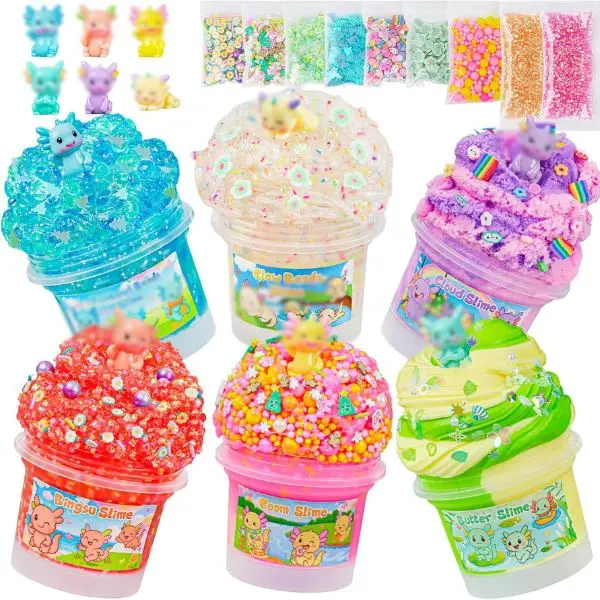 Axolotl Slime Kit 6×100ml (20oz Total) - Slime Variety Pack with Different Textures & Axolotl Charms, Glow in The Dark Slimes, Crunchy Slime, ASMR, Birthday Party Favor, Axolotl Fidget Toys