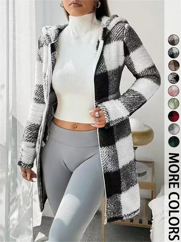 Women’s plaid fleece hooded slim-fit jacket, stylish casual design, soft and fluffy fleece fabric, full zip closure and hood design, mid-length silhouette, available in multiple colors, Valentine’s Day edition, autumn/winter outerwear