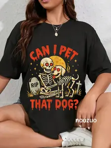 100% Cotton Can I Pet That Dog , Funny Skeleton Dog Lover Halloween Meme T-Shirt