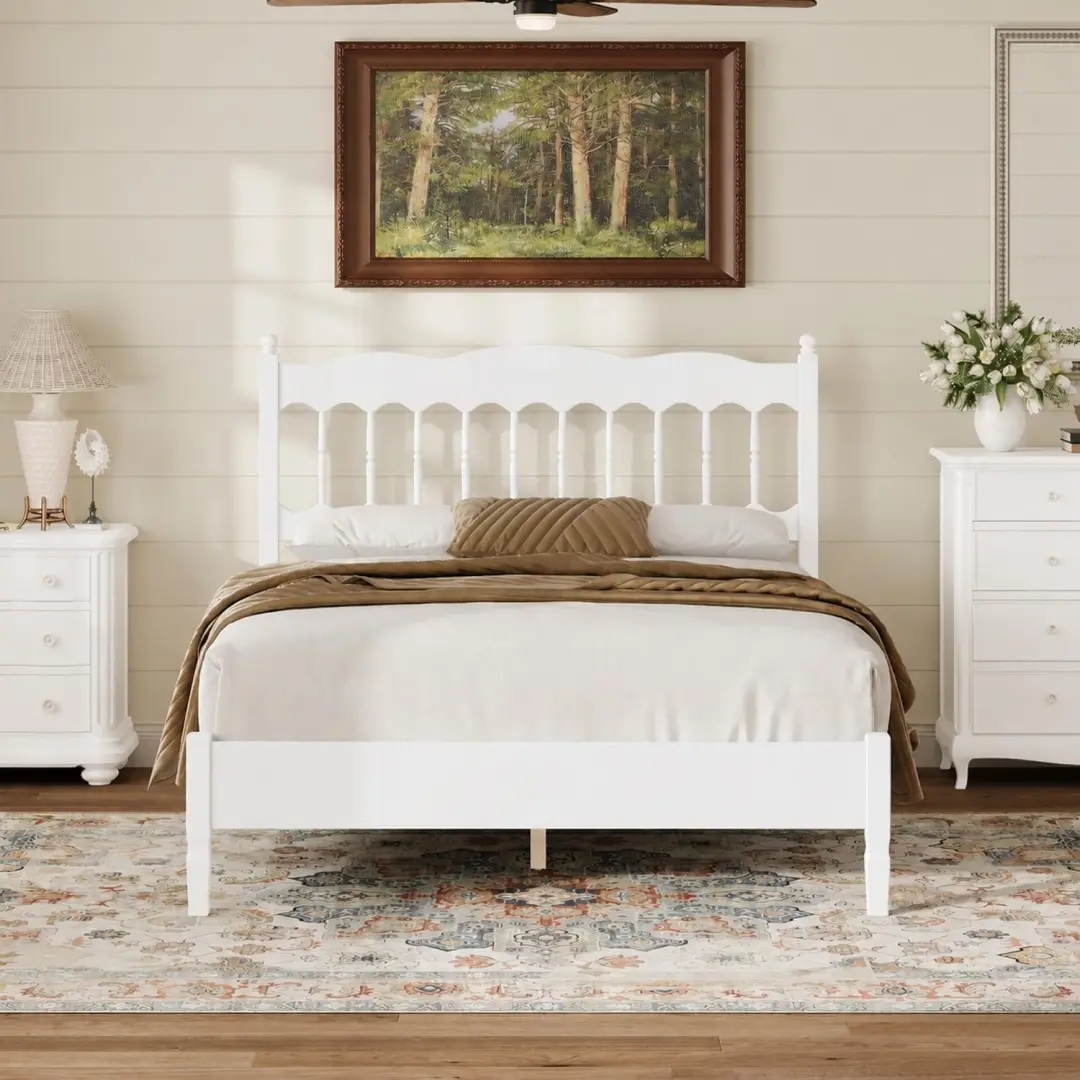 Full Size Wooden Bed Frame, Farmhouse Full Platform Bed with Spindle Headboard,Wood Slat Support,No Box Spring Needed,Easy Assembly,White