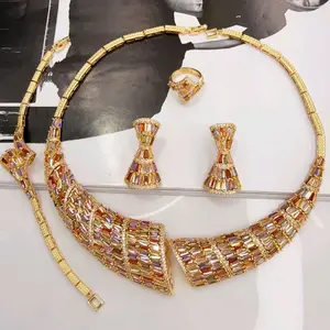 Elegant zircon mitticolor Tone Jewelry Set with Rhinestones - Includes Necklace, Earrings, and Ring for Women