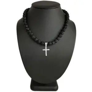 Iced Bling Disco Ball Rhinestone Crystal Beaded Baseball Drip Black Out Necklace + Iced Cross Pendant