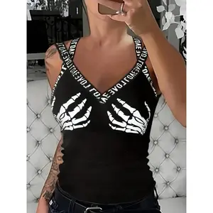 Women’s Sleeveless Casual Letter Tape Skull Print Tank Top