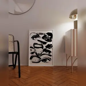 Black and White Art 70s Style Poster, Aesthetic Room Decor, Retro Funky Wall Art Quirky Home Decor, Large Neutral Wall Art Apartment Decor