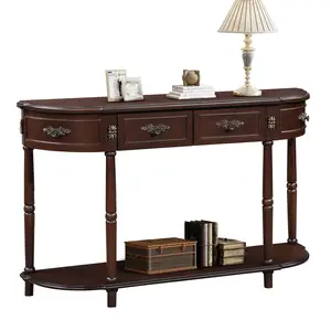 Retro Curved Wood Console Table, 52 inch Circular Half Moon Sofa Table with Open Shelf and 2 Drawers, Solid Wood Entry Table for Living Room, Hallway