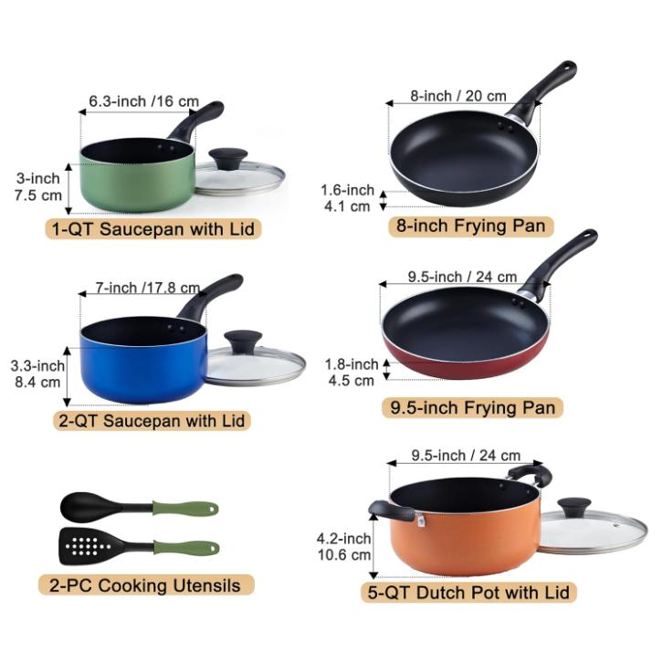 8-21 Piece Multi Color Orange Red Purple Blue Pink White Black Non-Stick Kitchen Cookware Pots and Pans Sets
