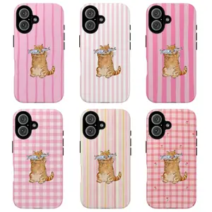 Cute Cat Pink Striped Checkered Adorable Kitten Fish Illustration Art Trendy Tough Phone Case. Sweet Pet Lover Kawaii Aesthetic Heavy Duty Shockproof Protective Smartphone Cover for iPhone 17 Pro Max 16 Air 15 14 13 12 11.