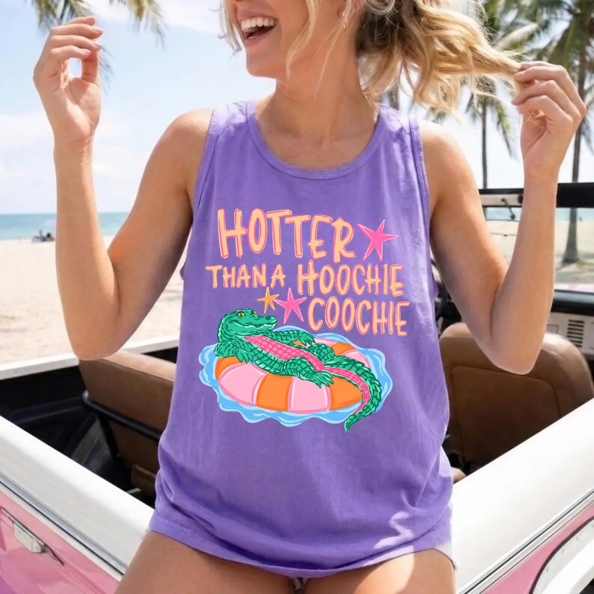 Comfort Colors Hotter Than A Hoochie Coochie Summer Tank Top, Funny Gator Summer Vacation Tank Top, Crocodile Summer Beach Tank Top