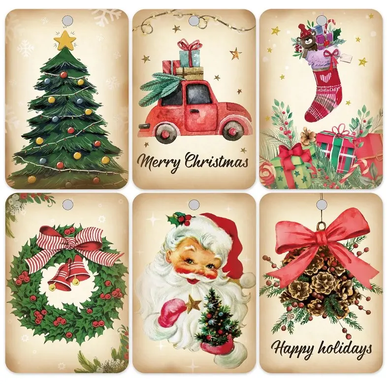 60 Vintage Holiday Gift Tags with String and Santa Claus - Perfect for Christmas Gift Wrapping and Home Decor (2'' x 3'')