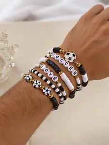 6pcs/set Sports Theme Bracelet Set, Football Design, Perfect Gift for Sport Lovers, Ideal Accessory for Athletes and Fans