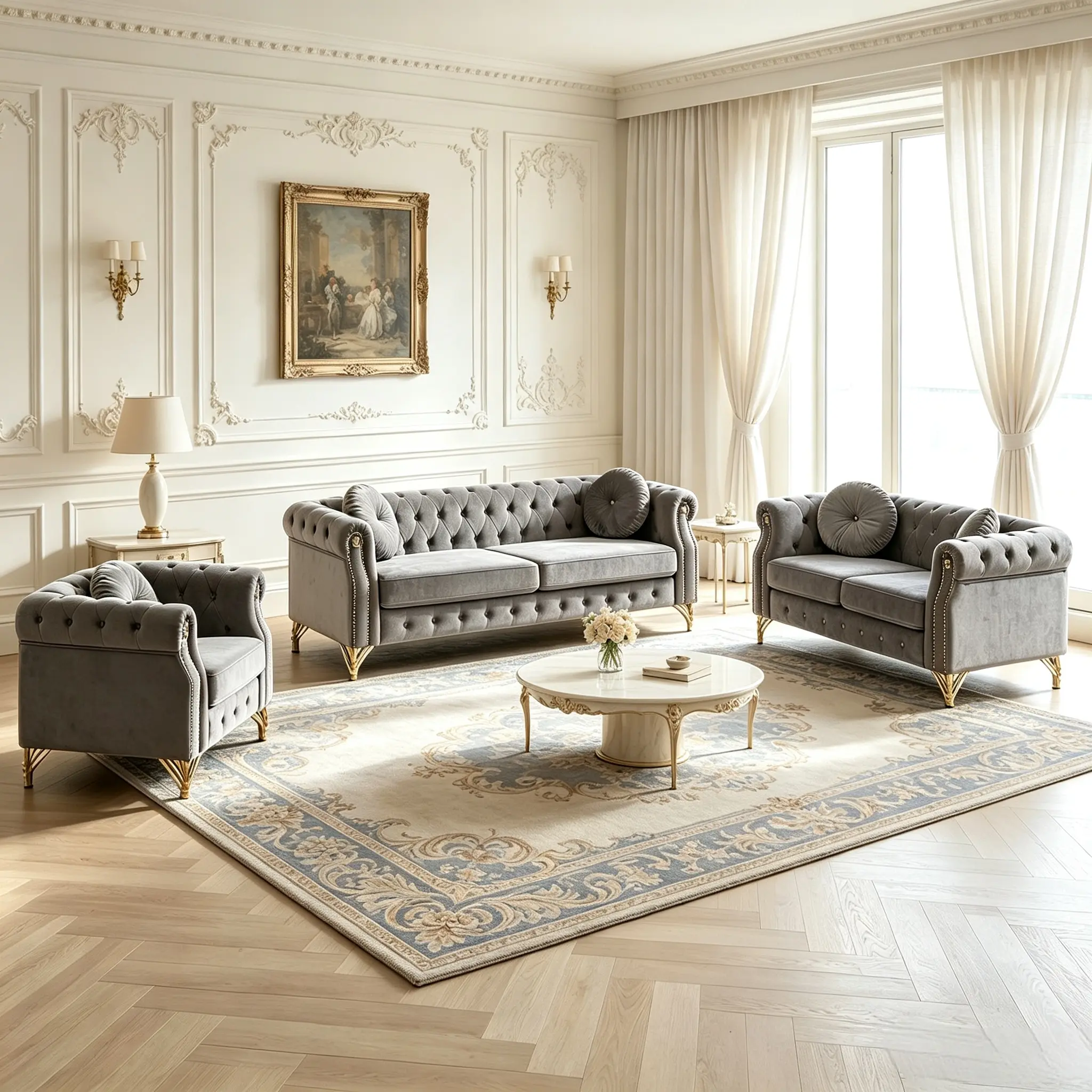Velvet Chesterfield sofa with two round pillows, featuring copper stud detailing and tufted button accents, with metal legs. Loop design allows for hanging cartoon ornaments.