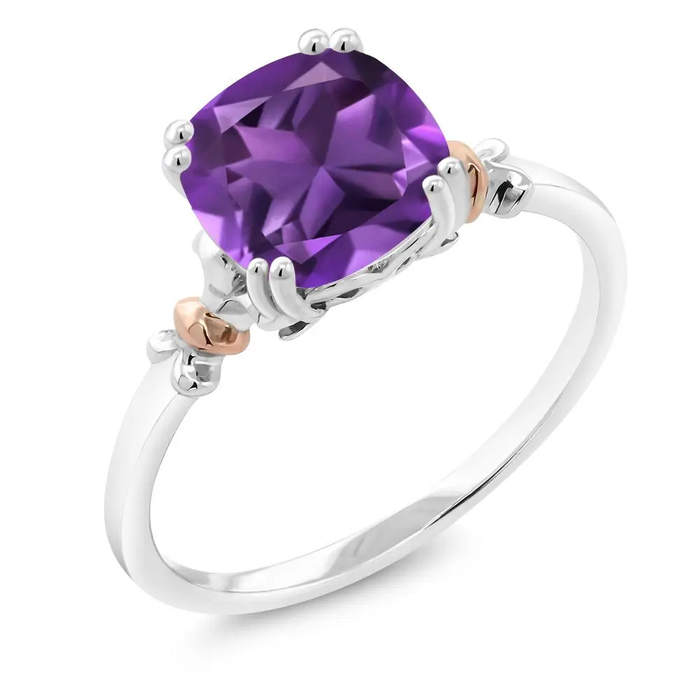 Gem Stone King Women's 2-3 Cttw Amethyst Birthstone Engagement Statement Ring - 925 Sterling Silver & 10 Karat Rose Gold, 8MM Cushion, Charming Personalized Touch - Wedding Promise Ring, Available in Selection of Sizes 5,6,7,8,9