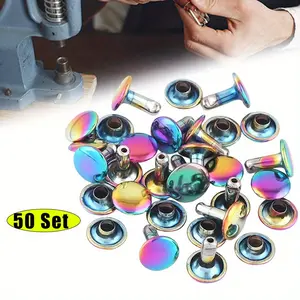 50pcs Rainbow Tubular Double Cap Rivets - 9mm Rainbow Metal Button Round Rapid Rivet, Rivet Studs for Purse Bags Handbags Shoes Belts Leather Craft Repair