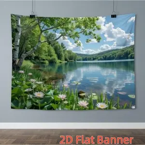 1PC Polyester 2D Flat Custom Nature Lake Lotus Backdrop - Birthday Party Decoration, Living Room Wall Hanging, Outdoor Picnic Curtain