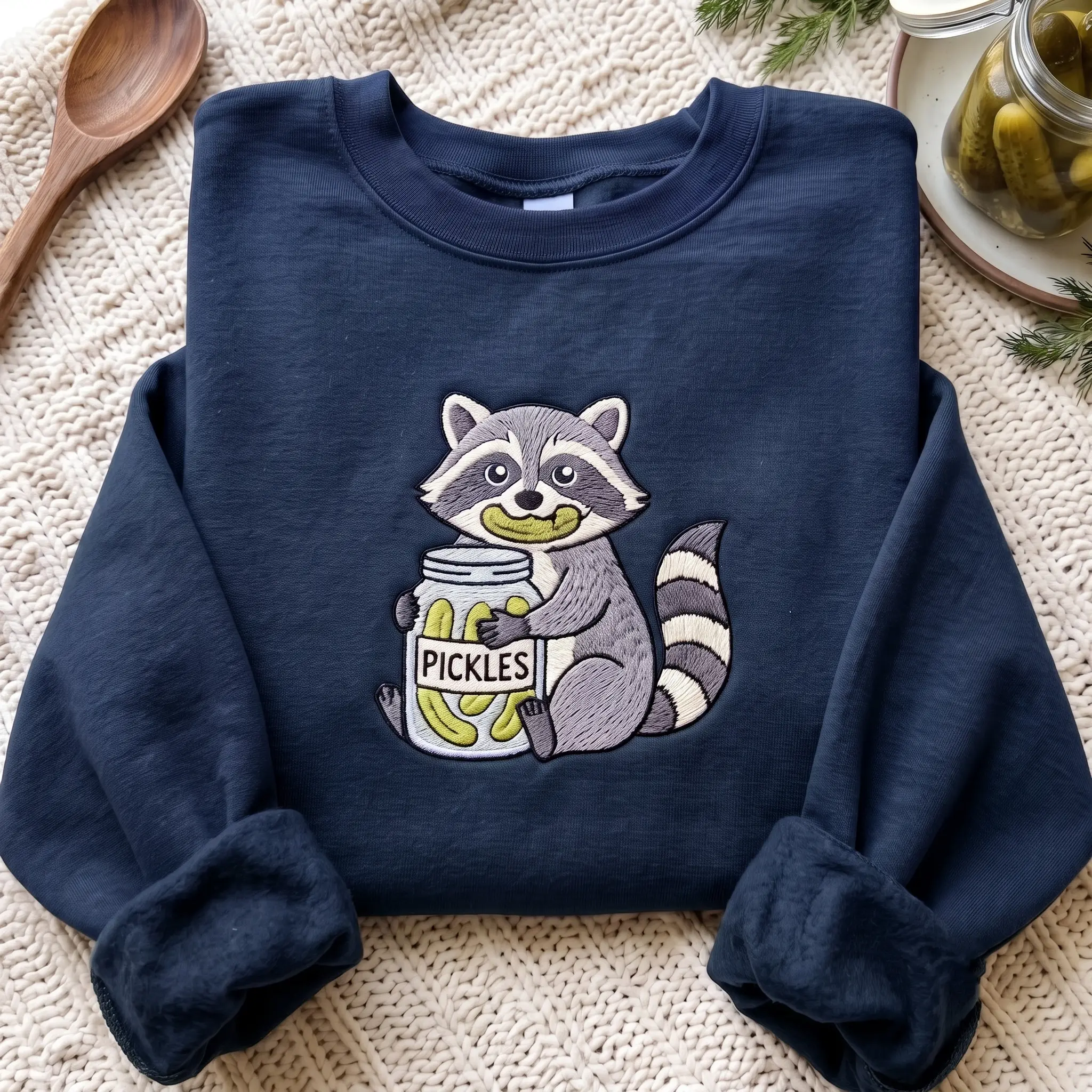 Embroidered Raccoon Eating Pickles Sweatshirt, Funny Animal Lover Gift